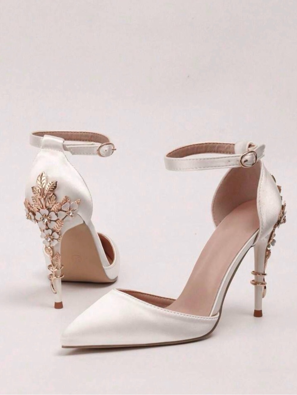 Elegant White Satin Ankle-Strap Heels with Gold Floral Detail